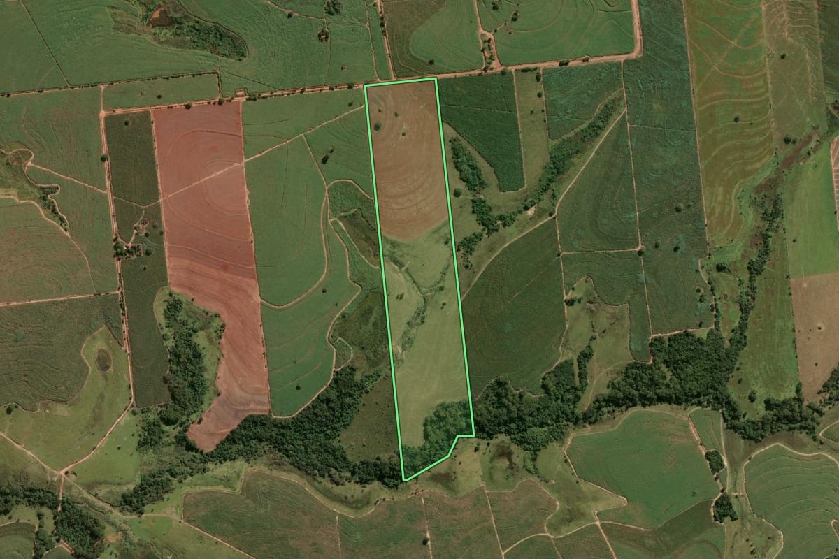 Imagem de satélite do imóvel rural em Araçatuba (SP), com o contorno declarado no CAR desenhado por cima.