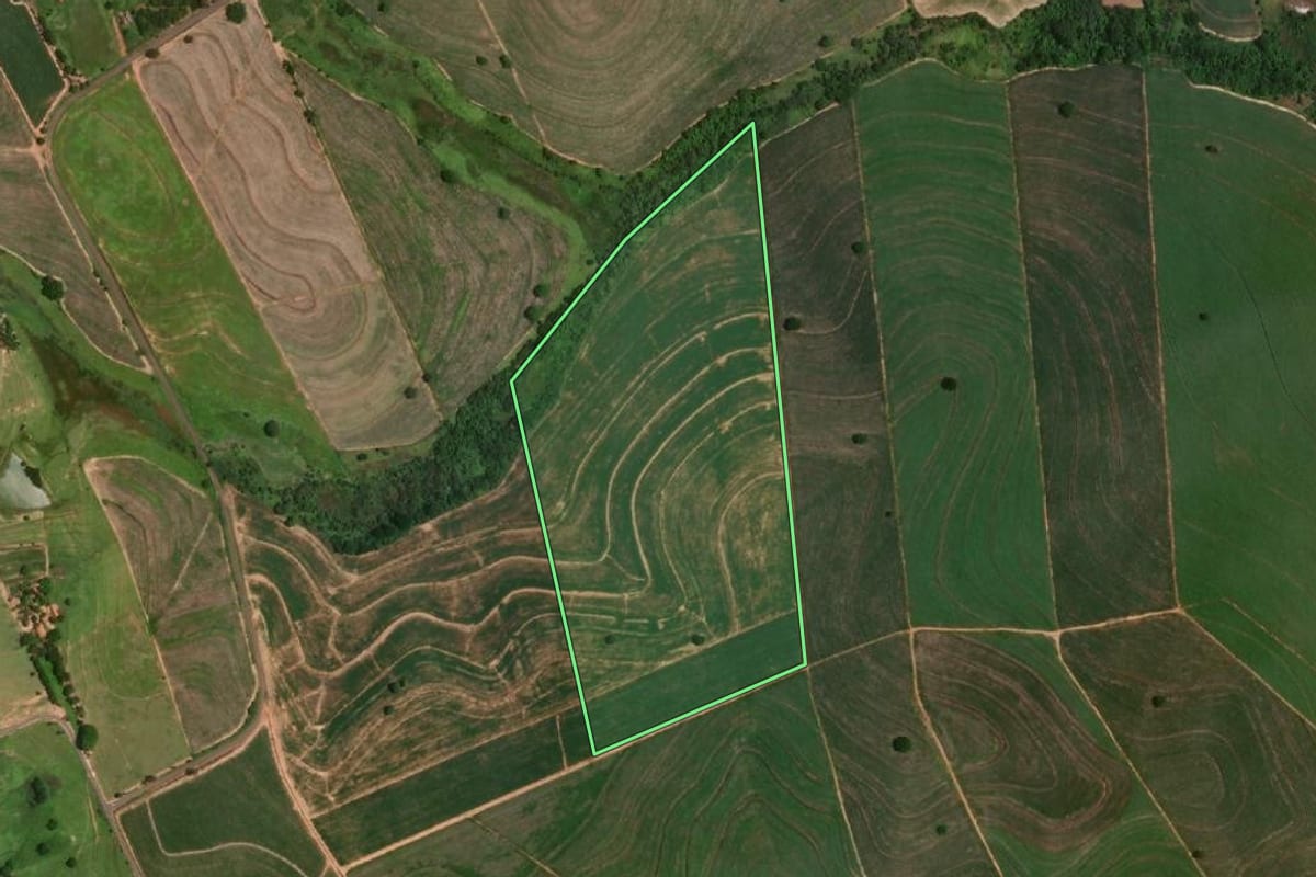 Imagem de satélite do imóvel rural em Araçatuba (SP), com o contorno declarado no CAR desenhado por cima.