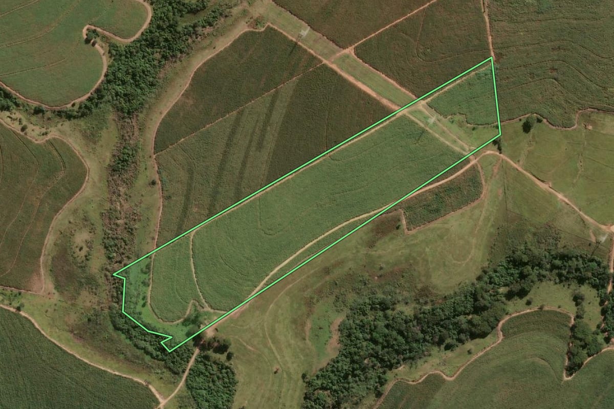 Imagem de satélite do imóvel rural em Araçatuba (SP), com o contorno declarado no CAR desenhado por cima.