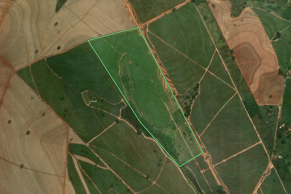Imagem de satélite do imóvel rural em Araçatuba (SP), com o contorno declarado no CAR desenhado por cima.