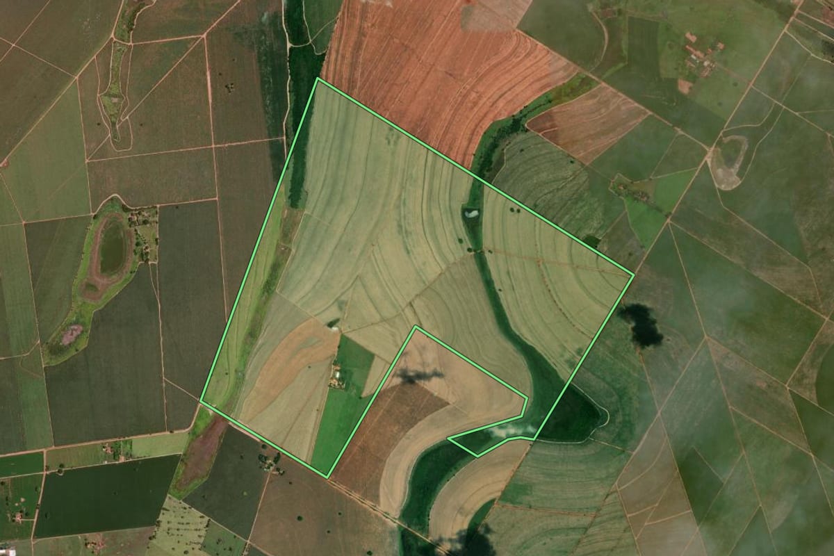 Imagem de satélite do imóvel rural em Araçatuba (SP), com o contorno declarado no CAR desenhado por cima.