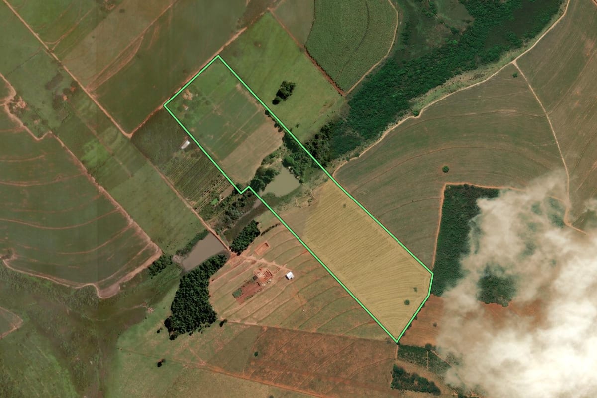 Imagem de satélite do imóvel rural em Araçatuba (SP), com o contorno declarado no CAR desenhado por cima.