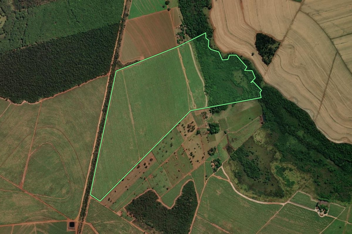 Imagem de satélite do imóvel rural em Aramina (SP), com o contorno declarado no CAR desenhado por cima.