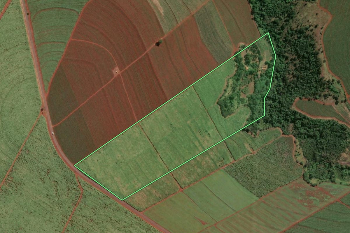 Imagem de satélite do imóvel rural em Aramina (SP), com o contorno declarado no CAR desenhado por cima.