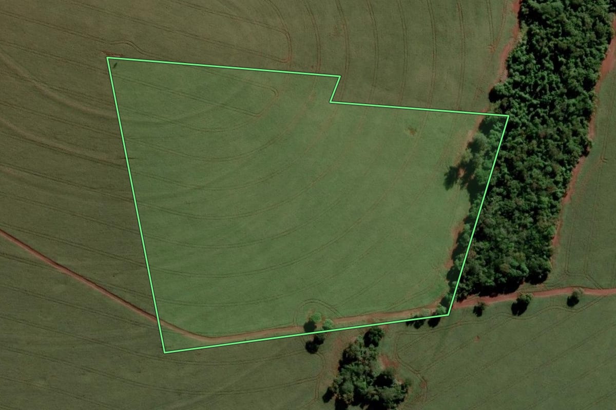 Imagem de satélite do imóvel rural em Arandu (SP), com o contorno declarado no CAR desenhado por cima.