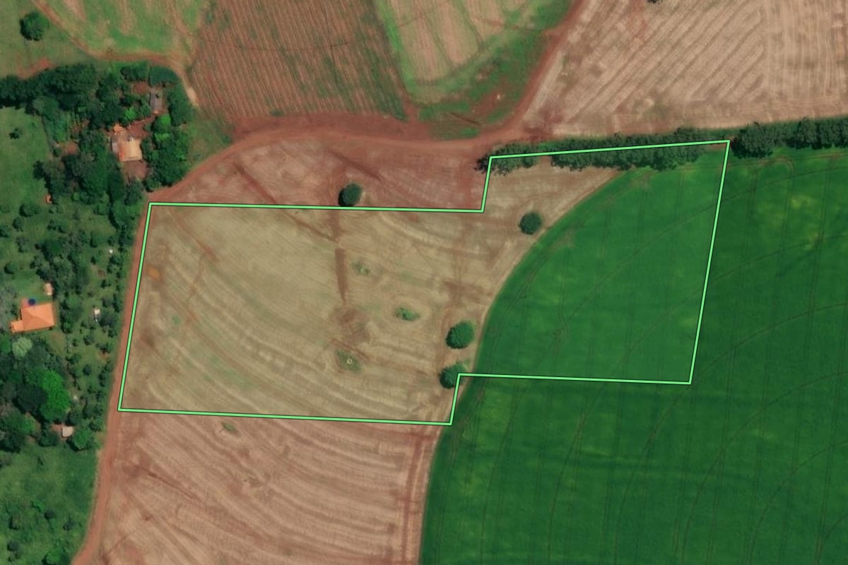 Imagem de satélite do imóvel rural em Arandu (SP), com o contorno declarado no CAR desenhado por cima.