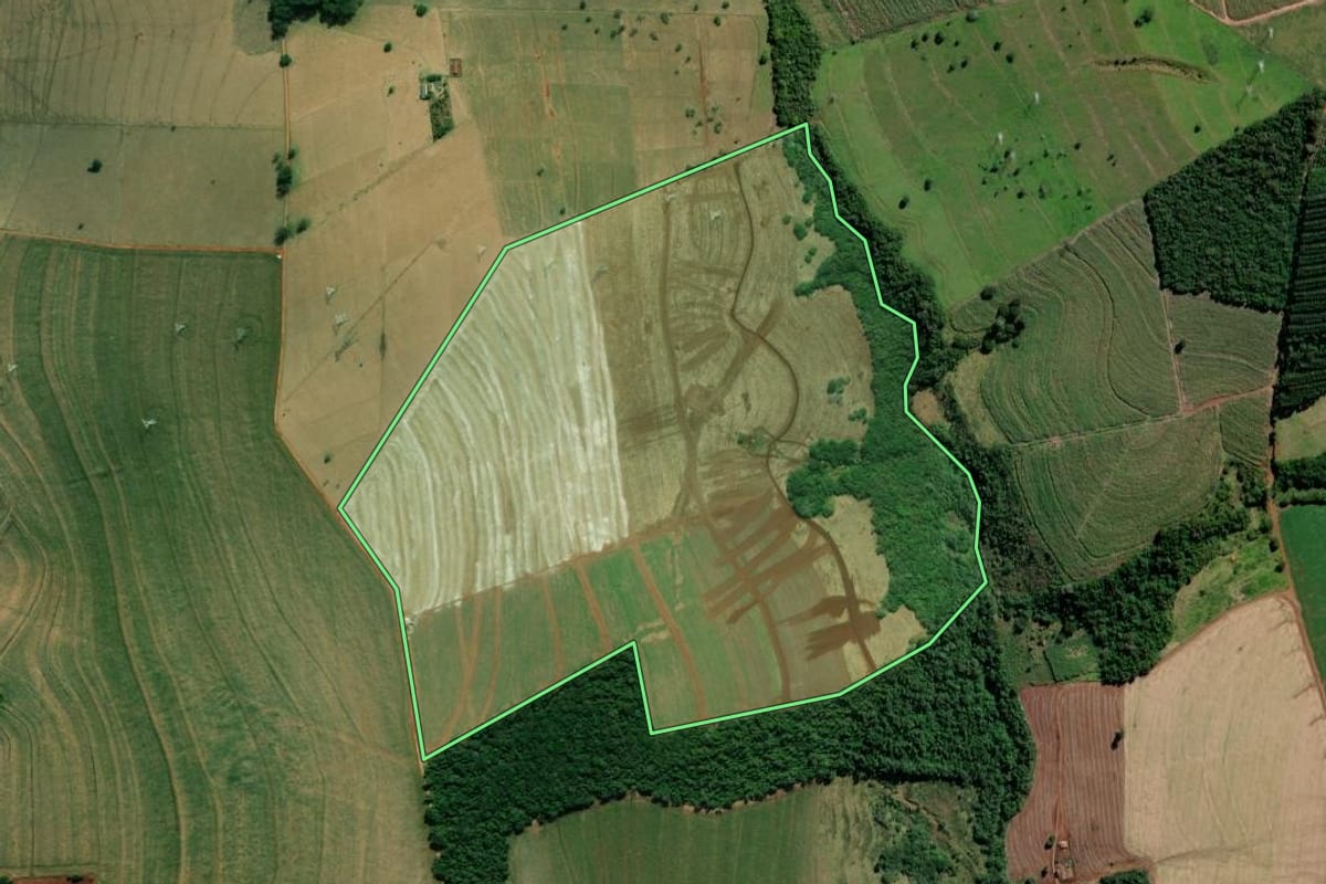 Imagem de satélite do imóvel rural em Arandu (SP), com o contorno declarado no CAR desenhado por cima.