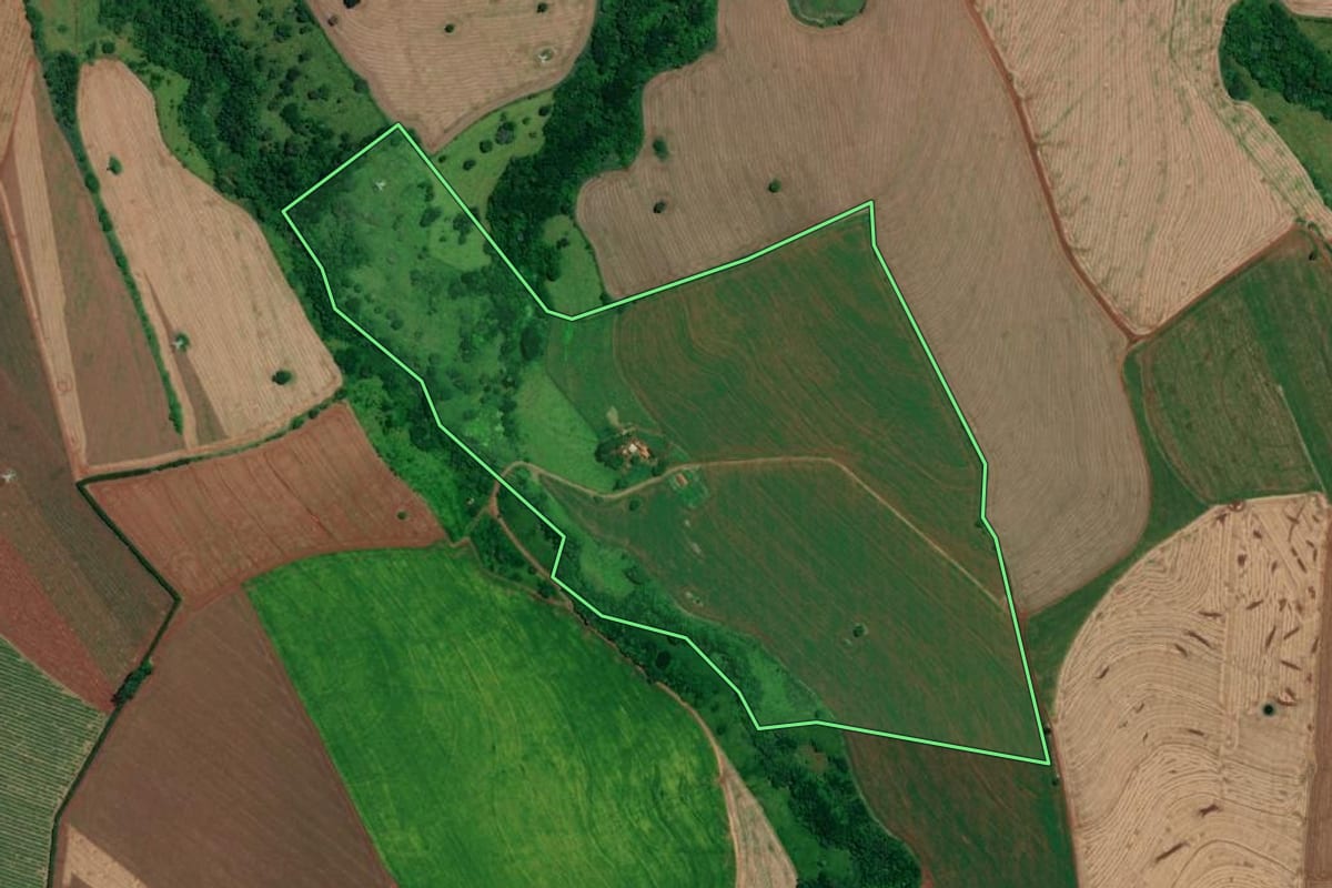 Imagem de satélite do imóvel rural em Arandu (SP), com o contorno declarado no CAR desenhado por cima.