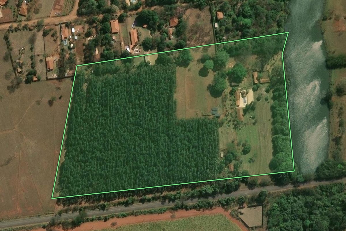 Imagem de satélite do imóvel rural em Araraquara (SP), com o contorno declarado no CAR desenhado por cima.