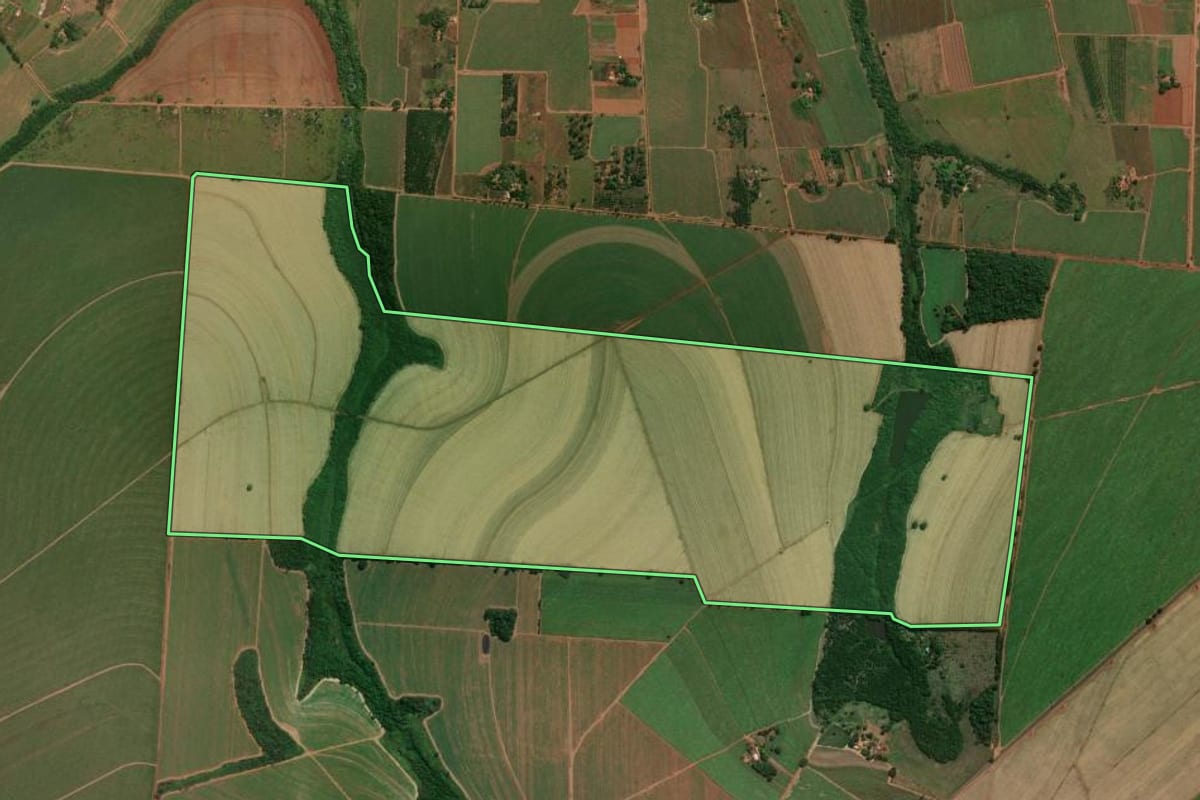Imagem de satélite do imóvel rural em Araraquara (SP), com o contorno declarado no CAR desenhado por cima.