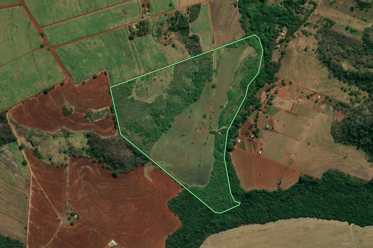 Imagem de satélite do imóvel rural em Araraquara (SP), com o contorno declarado no CAR desenhado por cima.