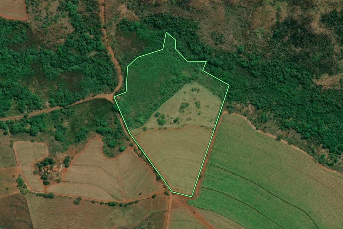Imagem de satélite do imóvel rural em Araraquara (SP), com o contorno declarado no CAR desenhado por cima.