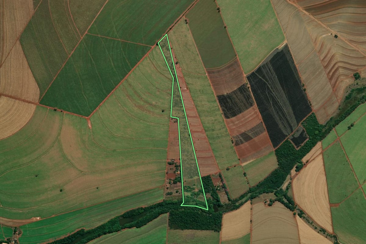 Imagem de satélite do imóvel rural em Araraquara (SP), com o contorno declarado no CAR desenhado por cima.