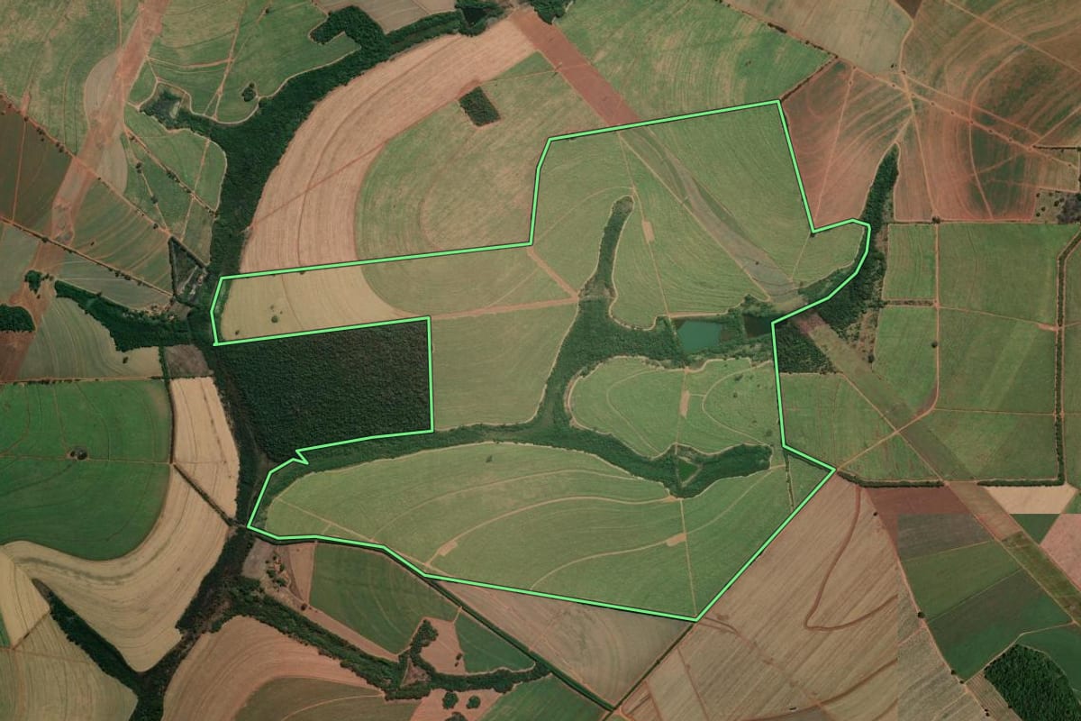 Imagem de satélite do imóvel rural em Araraquara (SP), com o contorno declarado no CAR desenhado por cima.