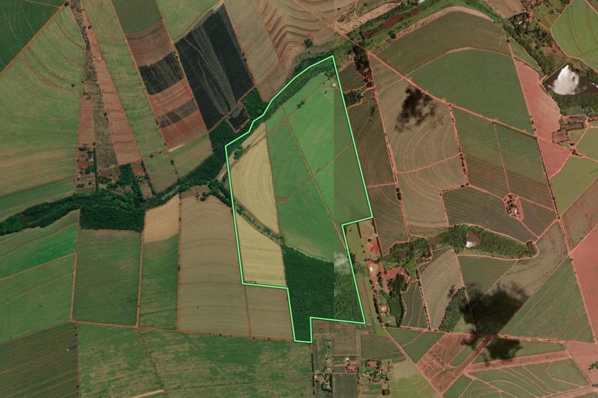 Imagem de satélite do imóvel rural em Araraquara (SP), com o contorno declarado no CAR desenhado por cima.
