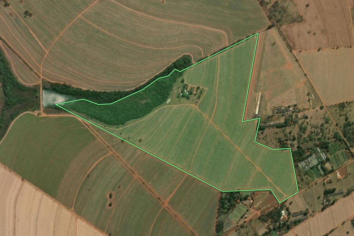 Imagem de satélite do imóvel rural em Araraquara (SP), com o contorno declarado no CAR desenhado por cima.