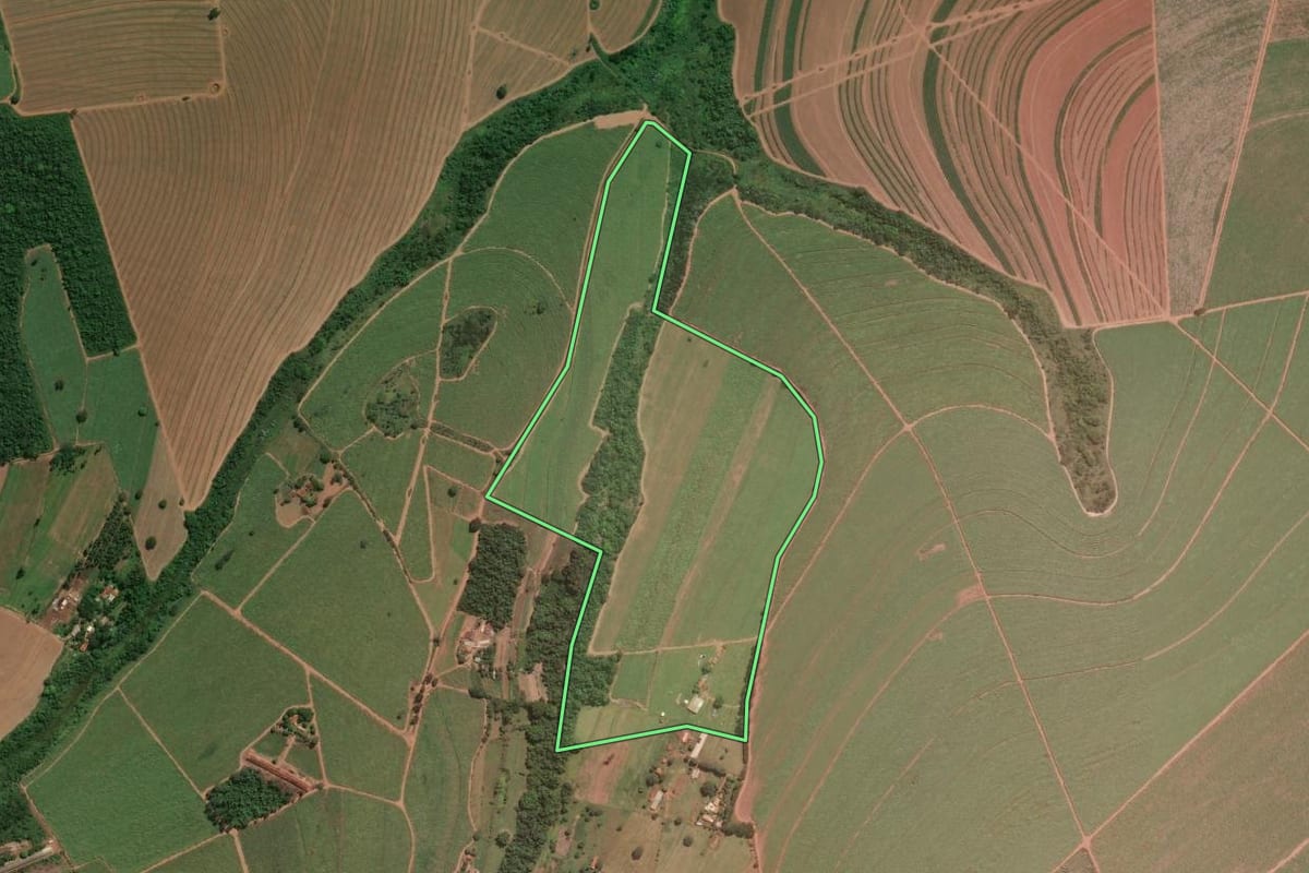 Imagem de satélite do imóvel rural em Araraquara (SP), com o contorno declarado no CAR desenhado por cima.