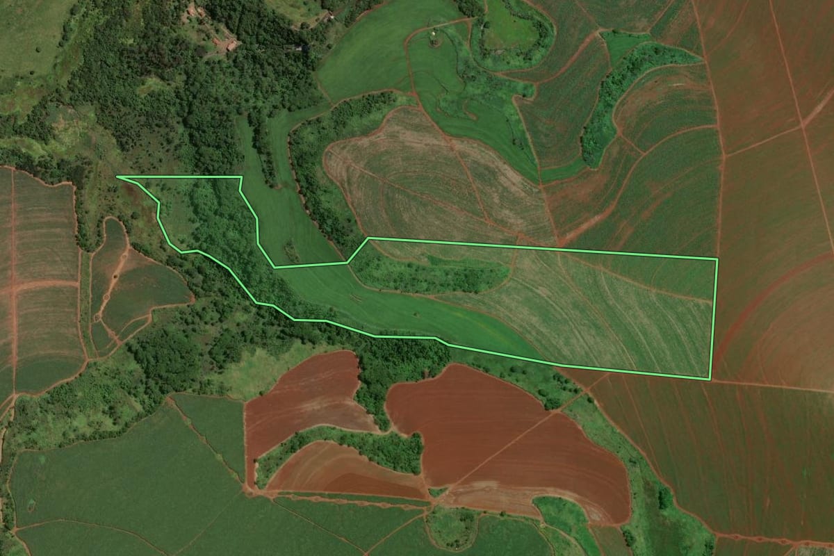 Imagem de satélite do imóvel rural em Araraquara (SP), com o contorno declarado no CAR desenhado por cima.