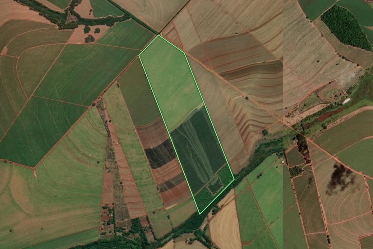 Imagem de satélite do imóvel rural em Araraquara (SP), com o contorno declarado no CAR desenhado por cima.