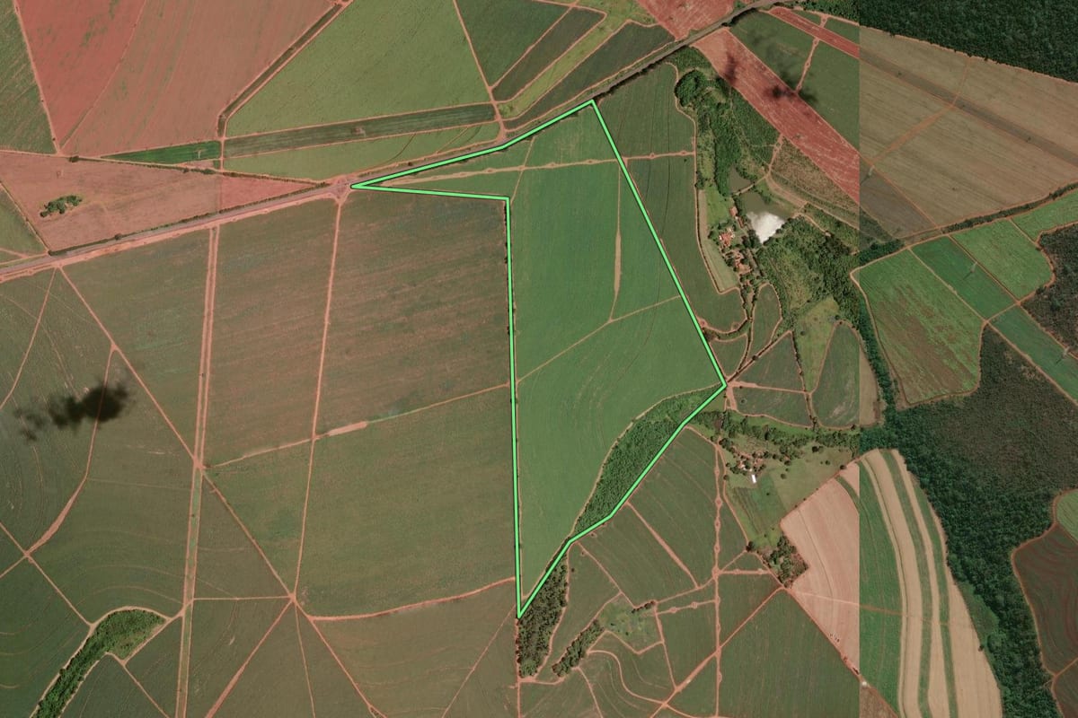Imagem de satélite do imóvel rural em Araraquara (SP), com o contorno declarado no CAR desenhado por cima.