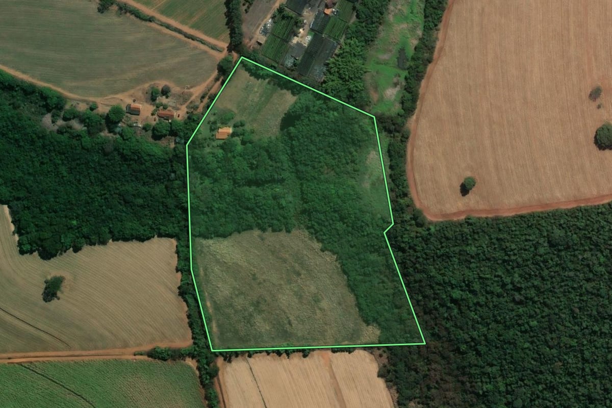 Imagem de satélite do imóvel rural em Araraquara (SP), com o contorno declarado no CAR desenhado por cima.