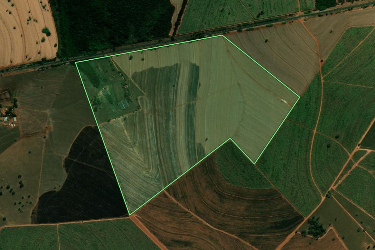 Imagem de satélite do imóvel rural em Arealva (SP), com o contorno declarado no CAR desenhado por cima.