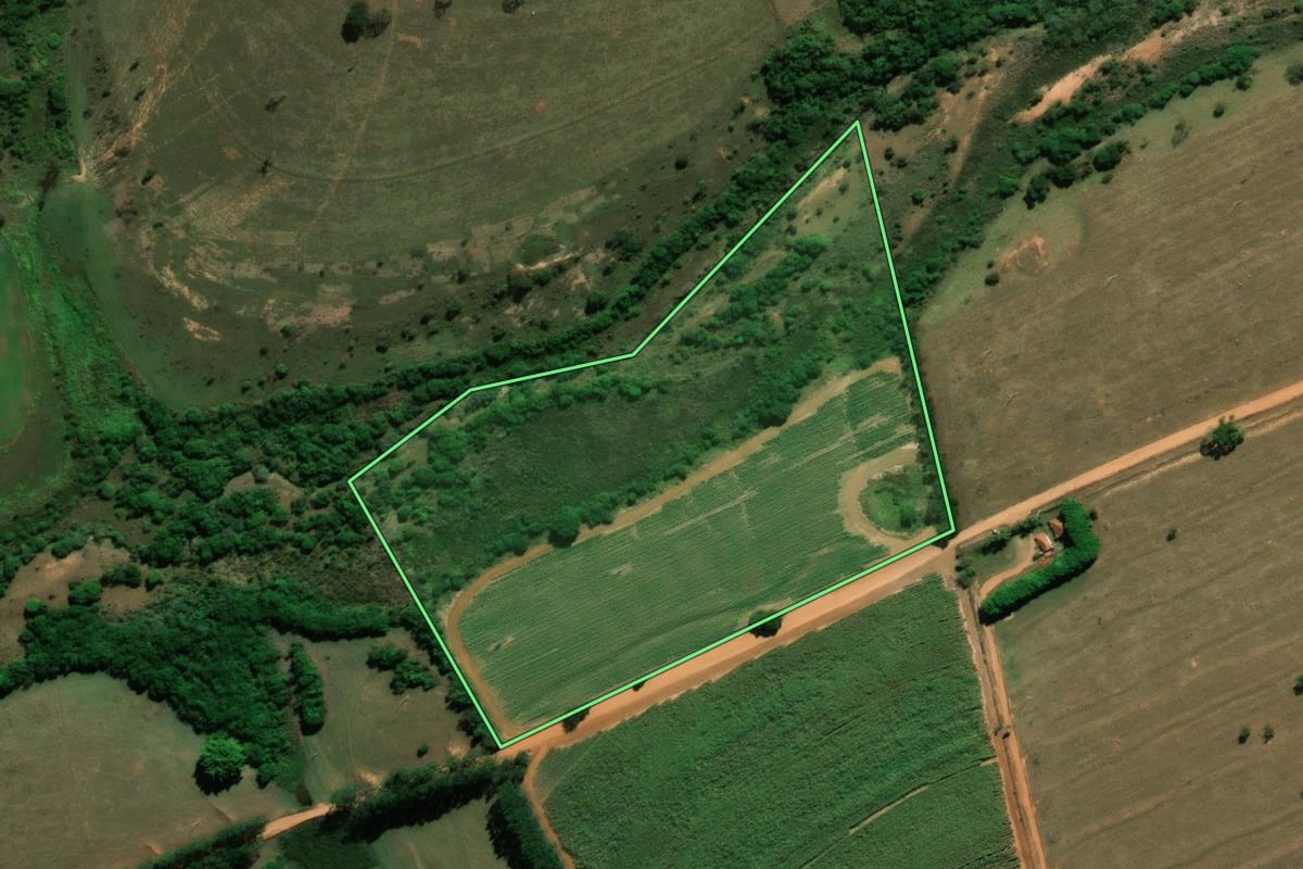 Imagem de satélite do imóvel rural em Arealva (SP), com o contorno declarado no CAR desenhado por cima.