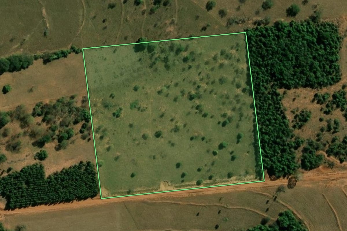 Imagem de satélite do imóvel rural em Arealva (SP), com o contorno declarado no CAR desenhado por cima.