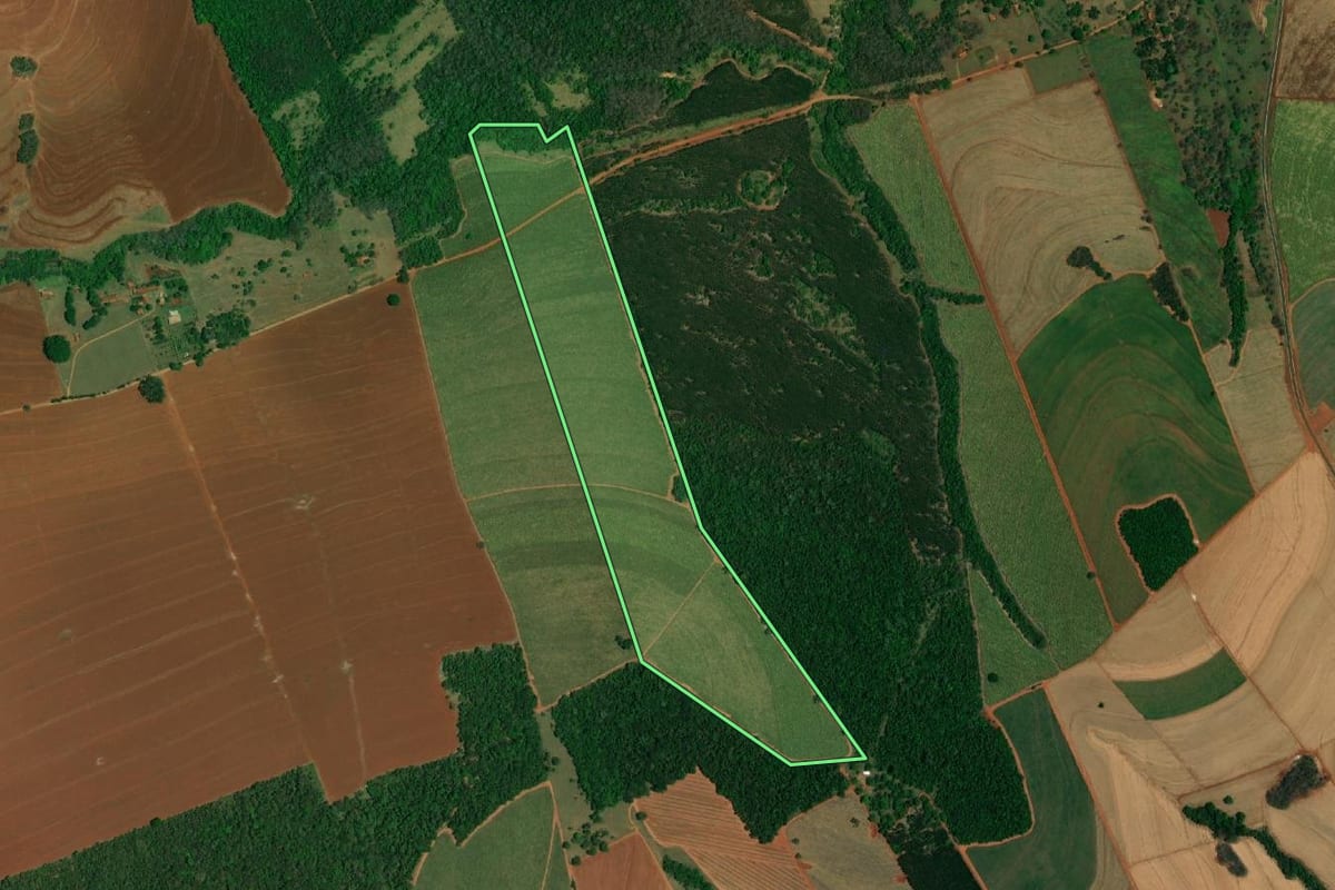 Imagem de satélite do imóvel rural em Arealva (SP), com o contorno declarado no CAR desenhado por cima.