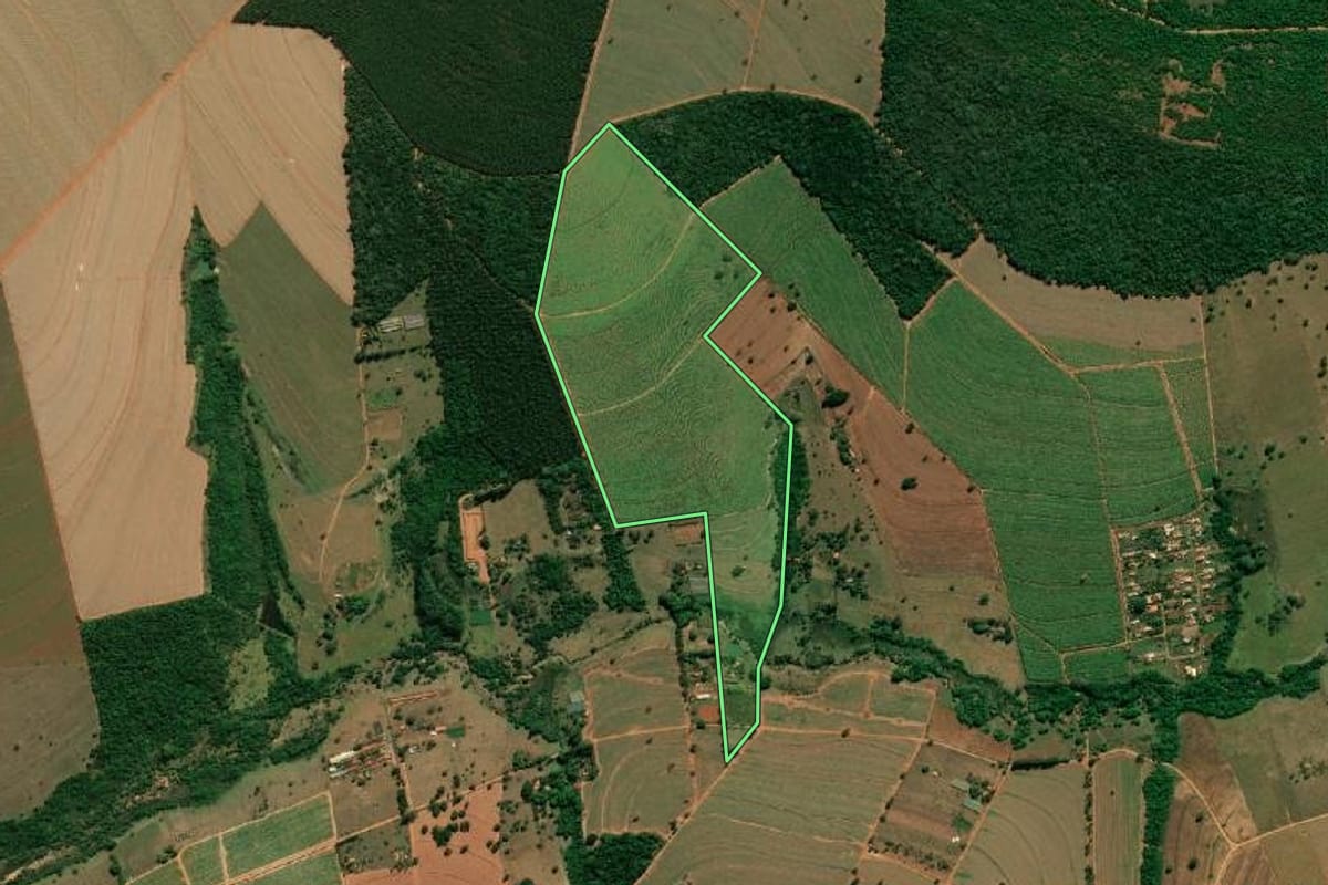 Imagem de satélite do imóvel rural em Arealva (SP), com o contorno declarado no CAR desenhado por cima.