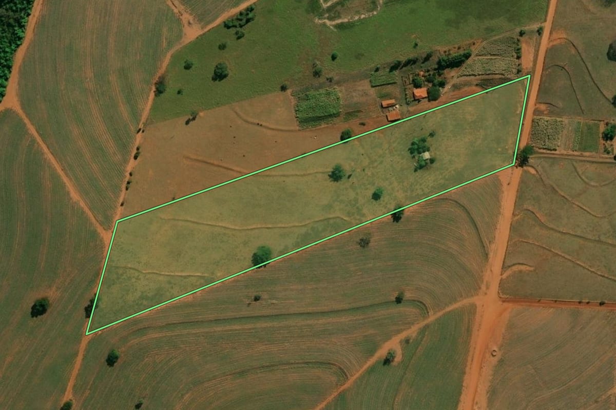 Imagem de satélite do imóvel rural em Arealva (SP), com o contorno declarado no CAR desenhado por cima.
