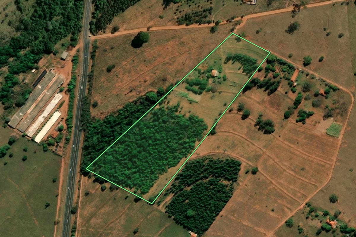 Imagem de satélite do imóvel rural em Arealva (SP), com o contorno declarado no CAR desenhado por cima.