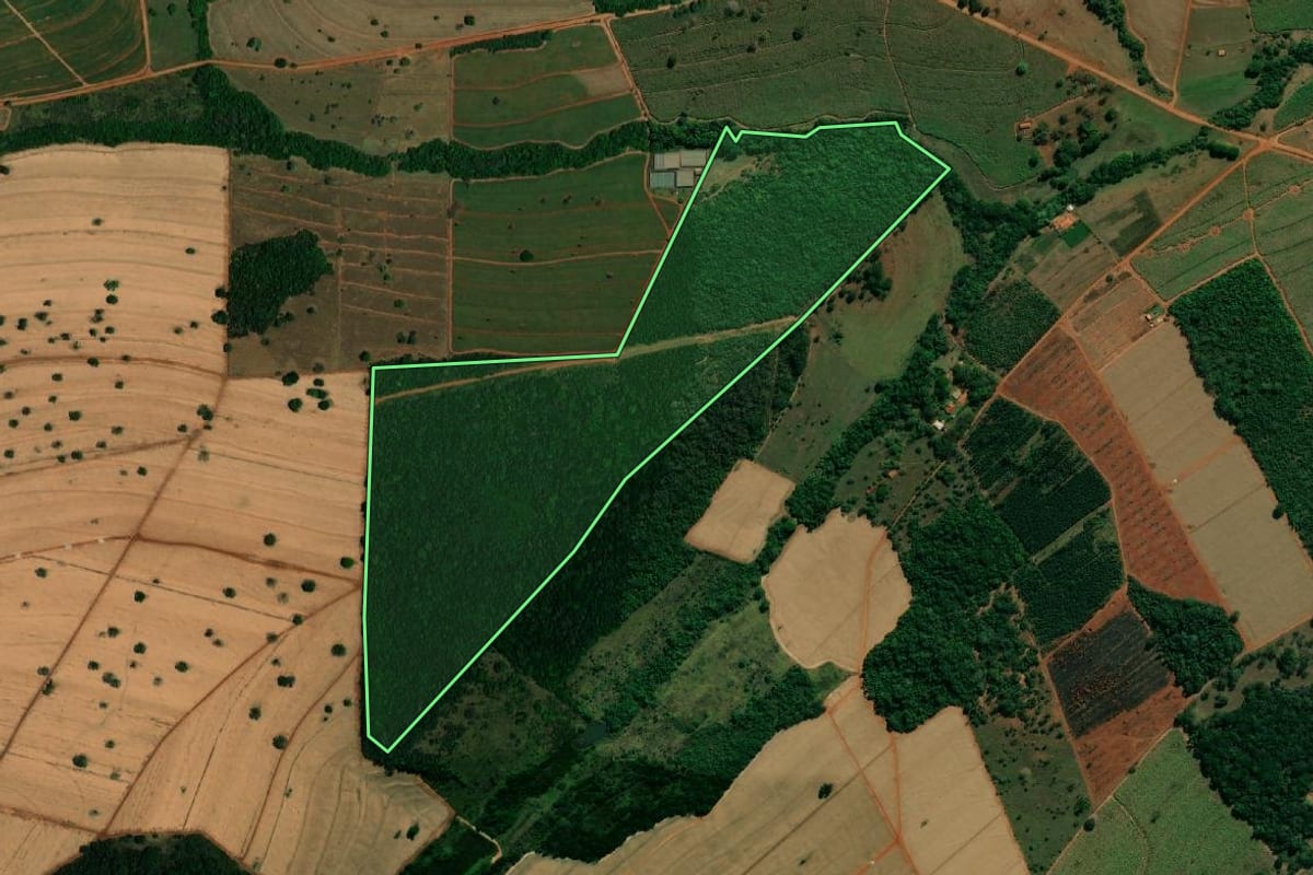Imagem de satélite do imóvel rural em Arealva (SP), com o contorno declarado no CAR desenhado por cima.
