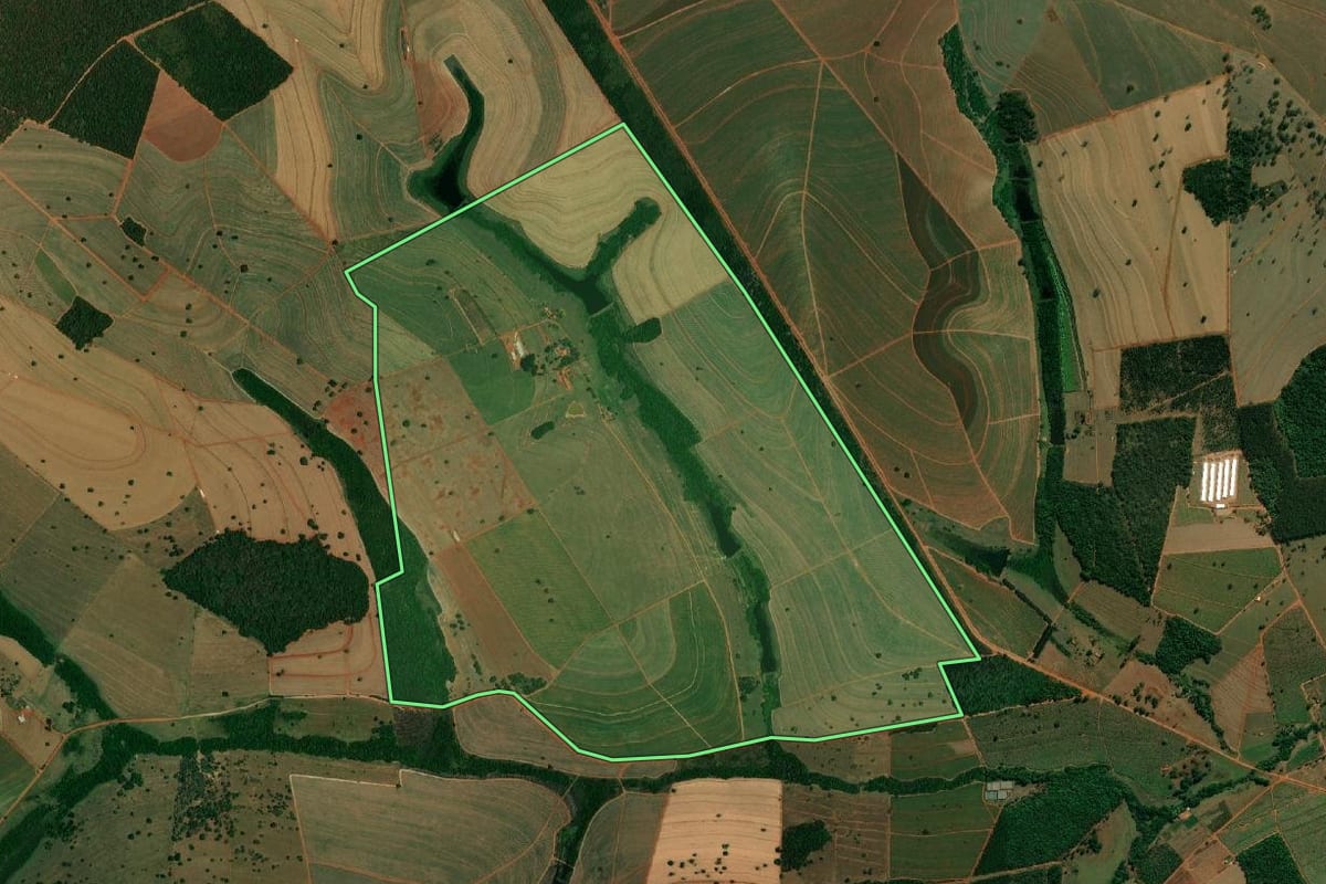 Imagem de satélite do imóvel rural em Arealva (SP), com o contorno declarado no CAR desenhado por cima.