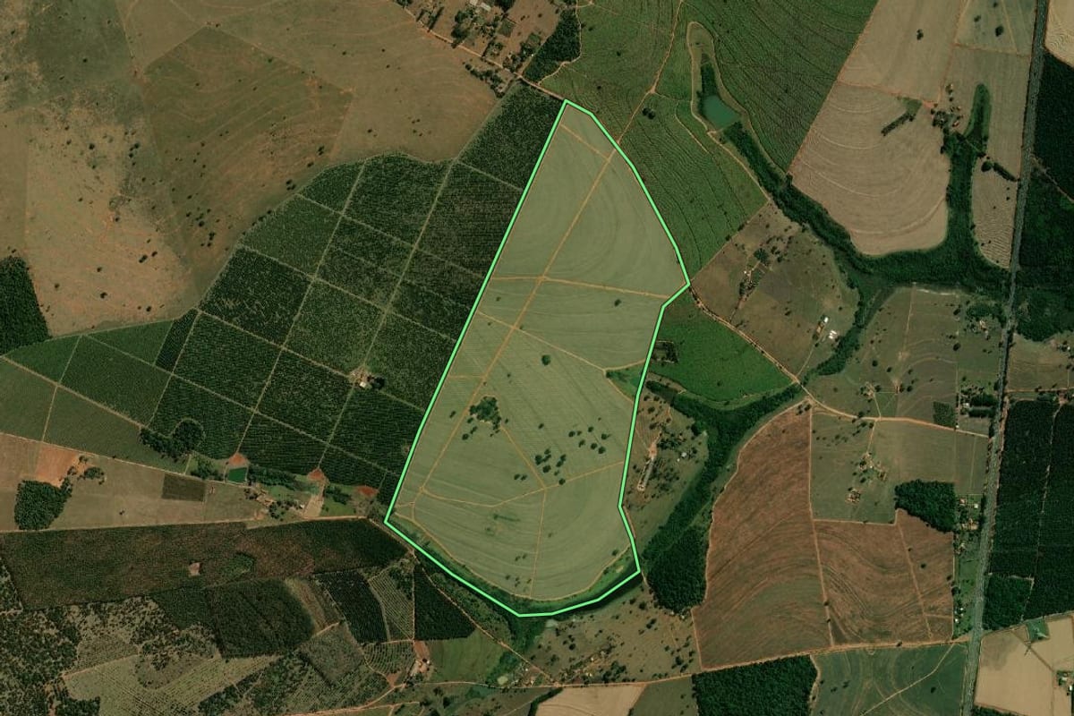 Imagem de satélite do imóvel rural em Arealva (SP), com o contorno declarado no CAR desenhado por cima.
