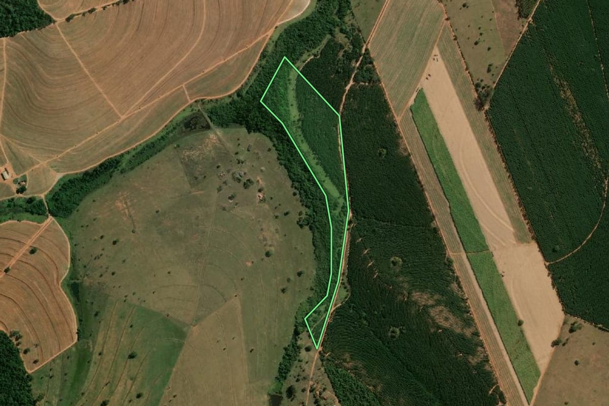 Imagem de satélite do imóvel rural em Arealva (SP), com o contorno declarado no CAR desenhado por cima.