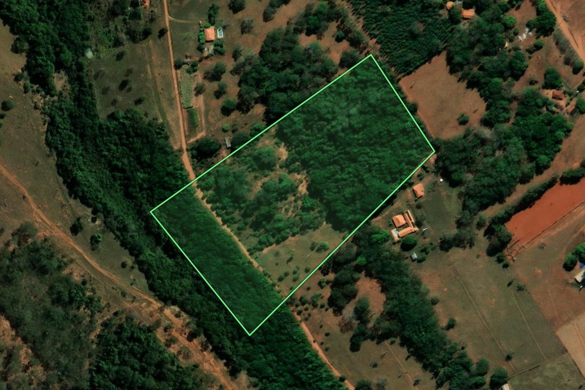 Imagem de satélite do imóvel rural em Arealva (SP), com o contorno declarado no CAR desenhado por cima.