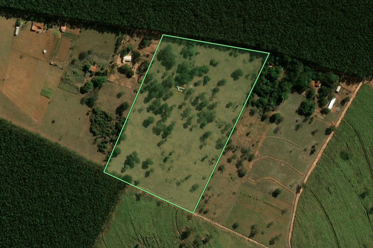 Imagem de satélite do imóvel rural em Arealva (SP), com o contorno declarado no CAR desenhado por cima.