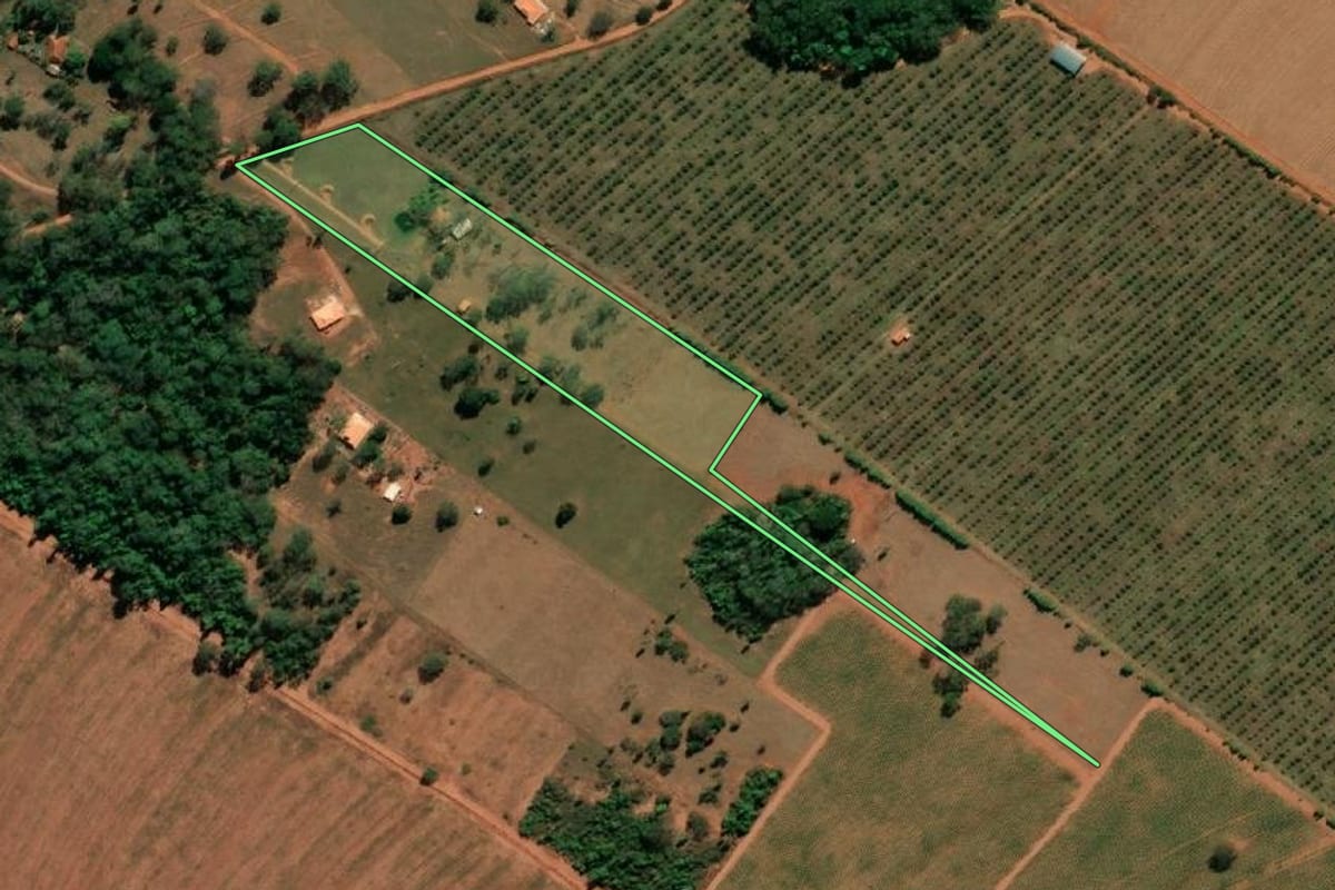 Imagem de satélite do imóvel rural em Arealva (SP), com o contorno declarado no CAR desenhado por cima.
