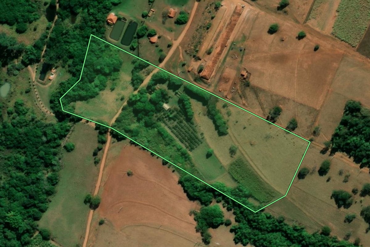 Imagem de satélite do imóvel rural em Arealva (SP), com o contorno declarado no CAR desenhado por cima.