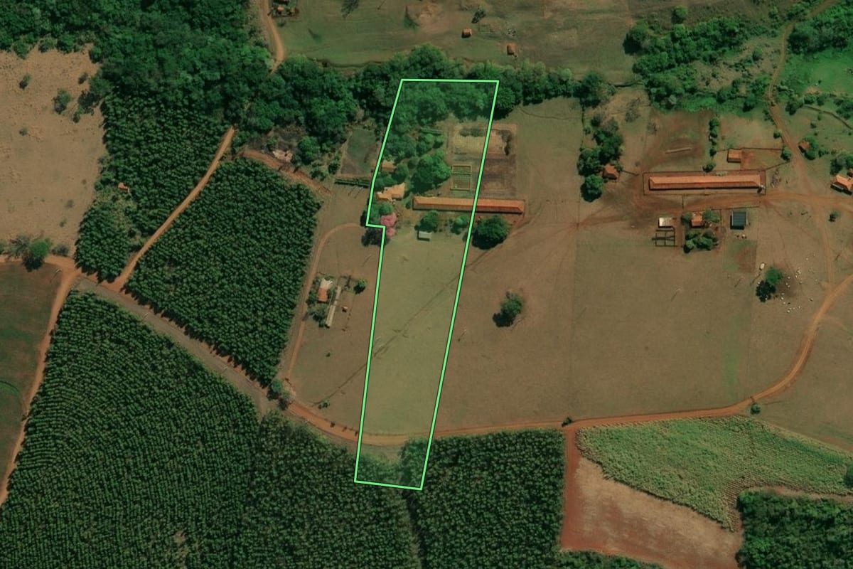 Imagem de satélite do imóvel rural em Arealva (SP), com o contorno declarado no CAR desenhado por cima.