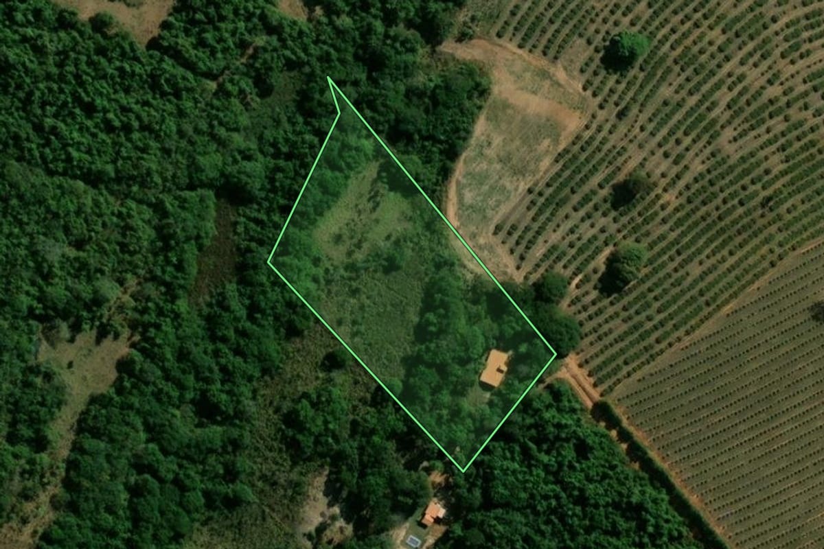Imagem de satélite do imóvel rural em Arealva (SP), com o contorno declarado no CAR desenhado por cima.
