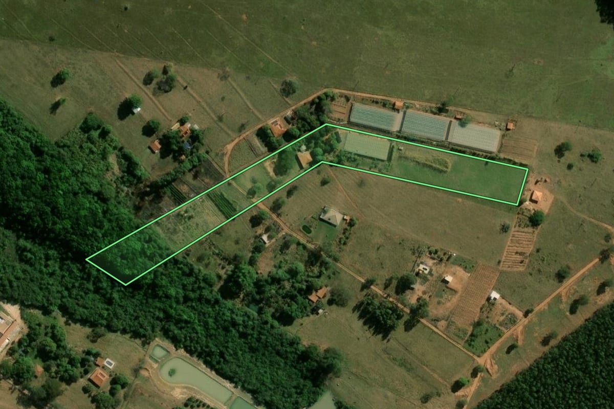 Imagem de satélite do imóvel rural em Arealva (SP), com o contorno declarado no CAR desenhado por cima.