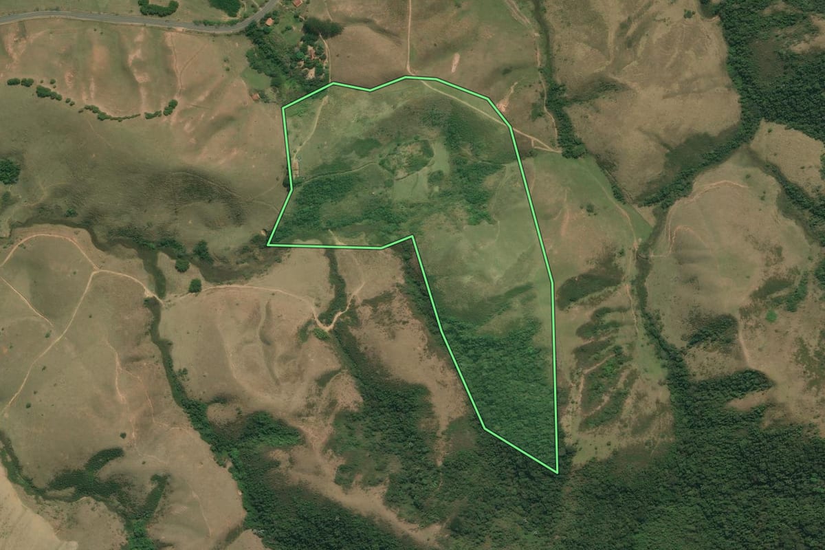 Imagem de satélite do imóvel rural em Areias (SP), com o contorno declarado no CAR desenhado por cima.