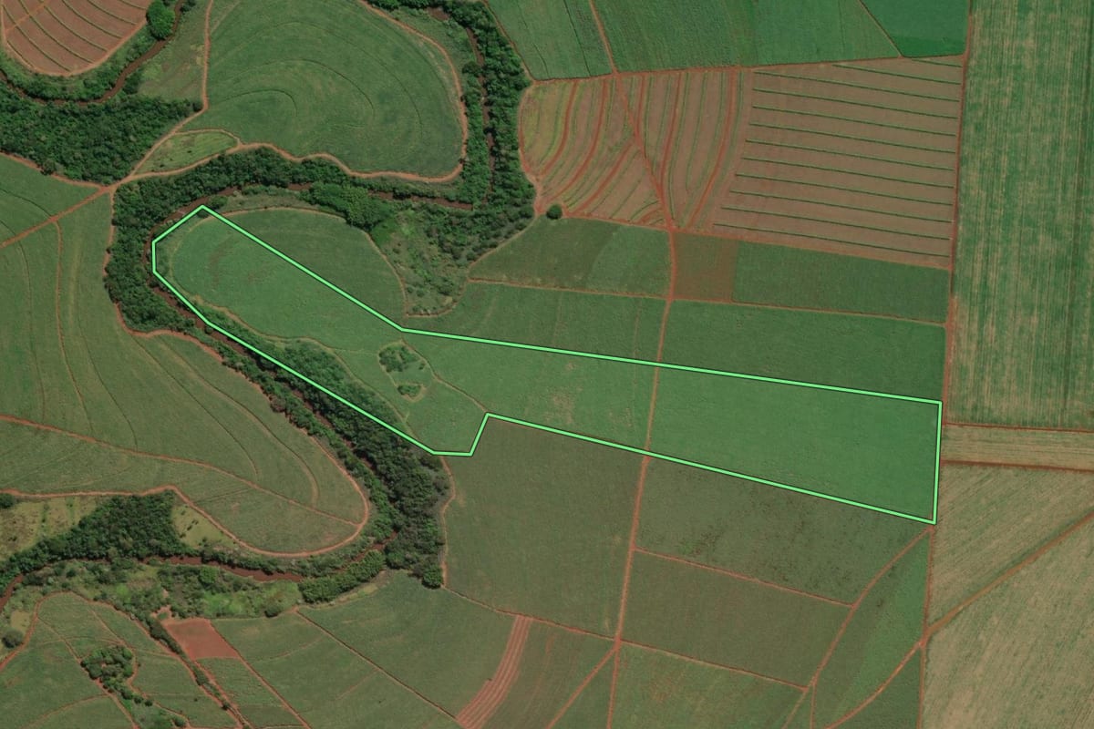 Imagem de satélite do imóvel rural em Areiópolis (SP), com o contorno declarado no CAR desenhado por cima.