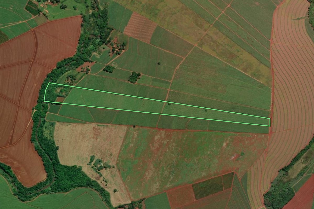 Imagem de satélite do imóvel rural em Areiópolis (SP), com o contorno declarado no CAR desenhado por cima.