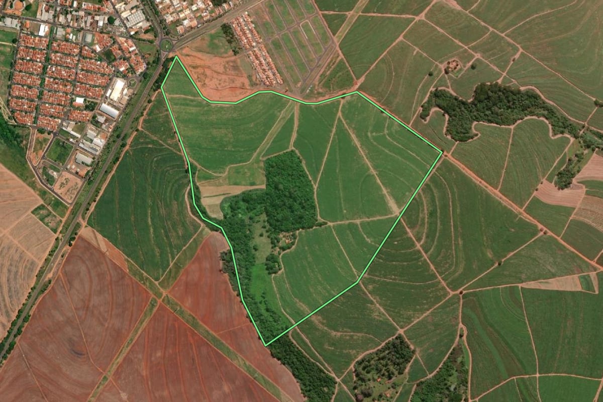 Imagem de satélite do imóvel rural em Ariranha (SP), com o contorno declarado no CAR desenhado por cima.