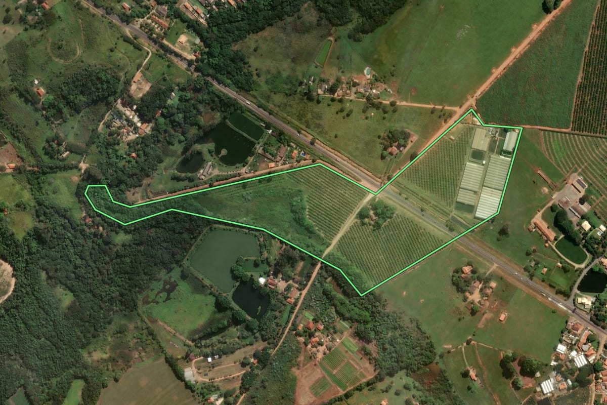 Imagem de satélite do imóvel rural em Artur Nogueira (SP), com o contorno declarado no CAR desenhado por cima.