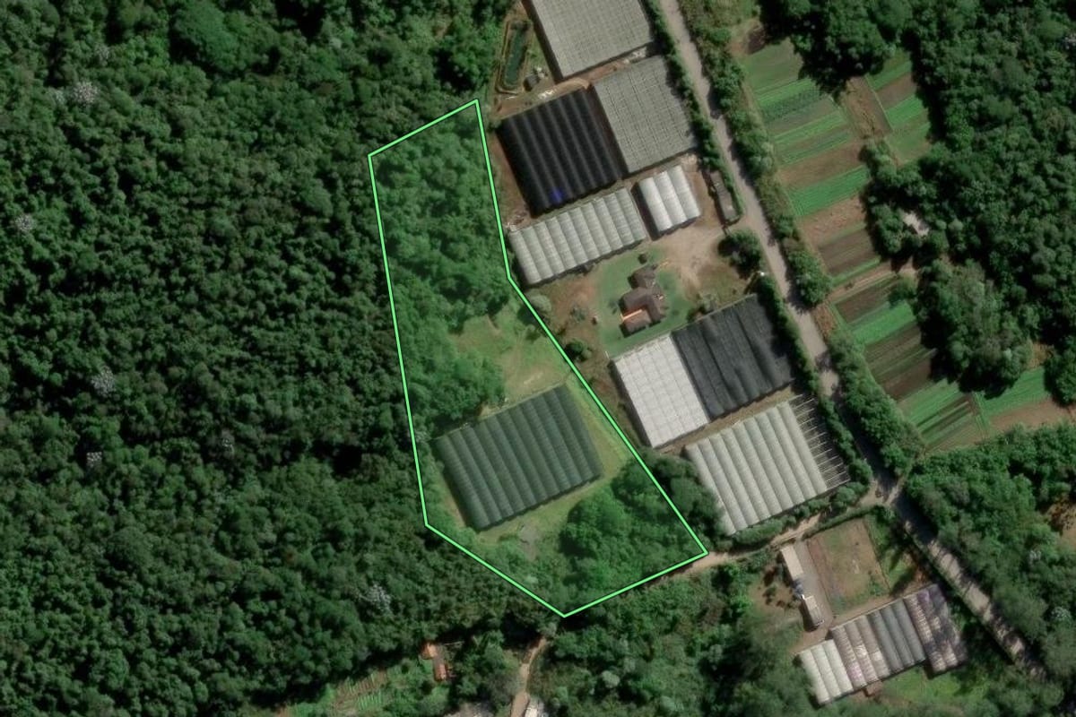 Imagem de satélite do imóvel rural em Arujá (SP), com o contorno declarado no CAR desenhado por cima.