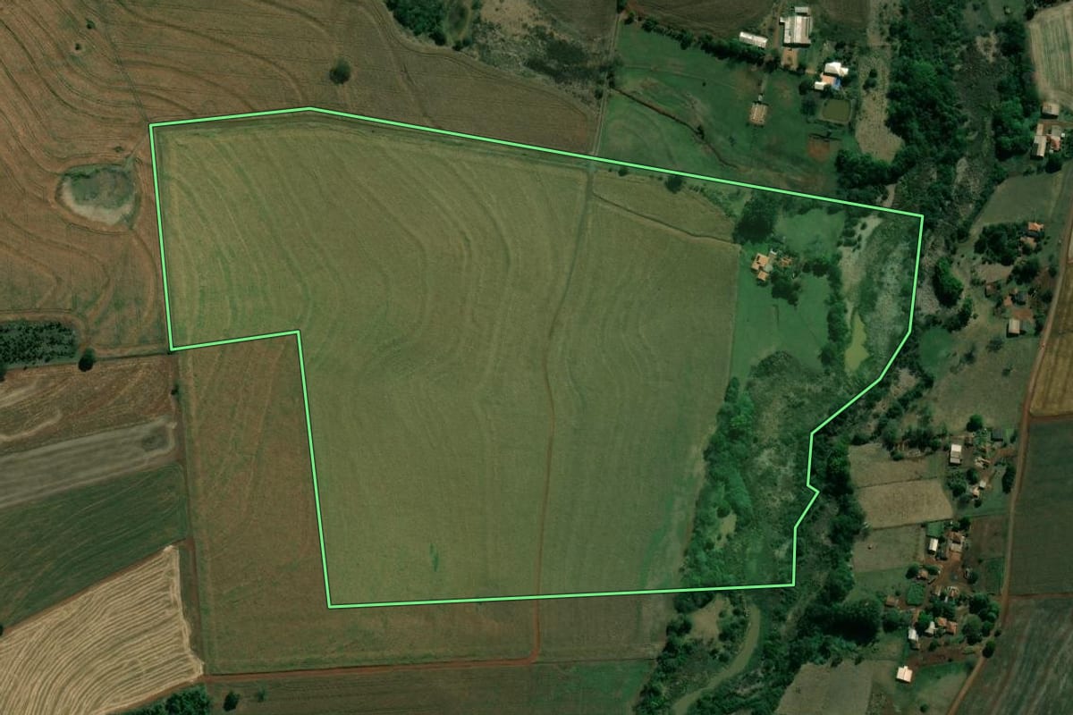 Imagem de satélite do imóvel rural em Assis (SP), com o contorno declarado no CAR desenhado por cima.